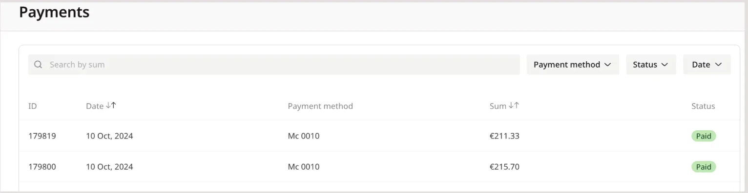 Payments page in the account settings