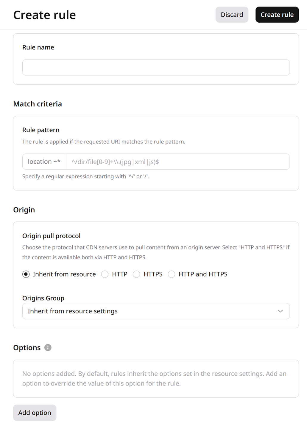 Create rule form showing Rule name, Match criteria, and Options sections
