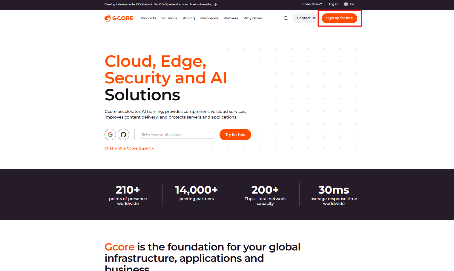 Gcore homepage with the Sign up for free button highlighted