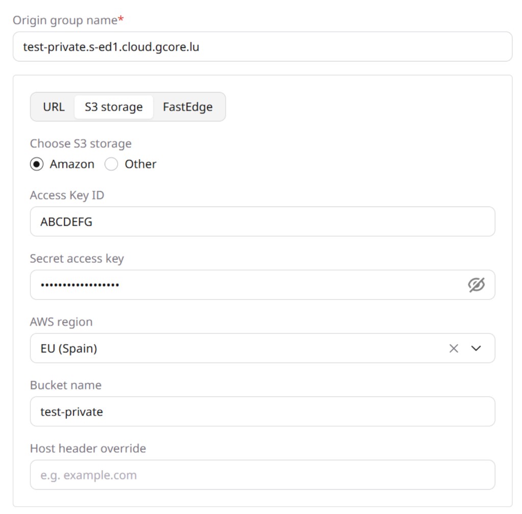 Origin group form with S3 storage tab selected, showing S3 type, Access Key ID, Secret access key, AWS region, Bucket name, and Host header override fields