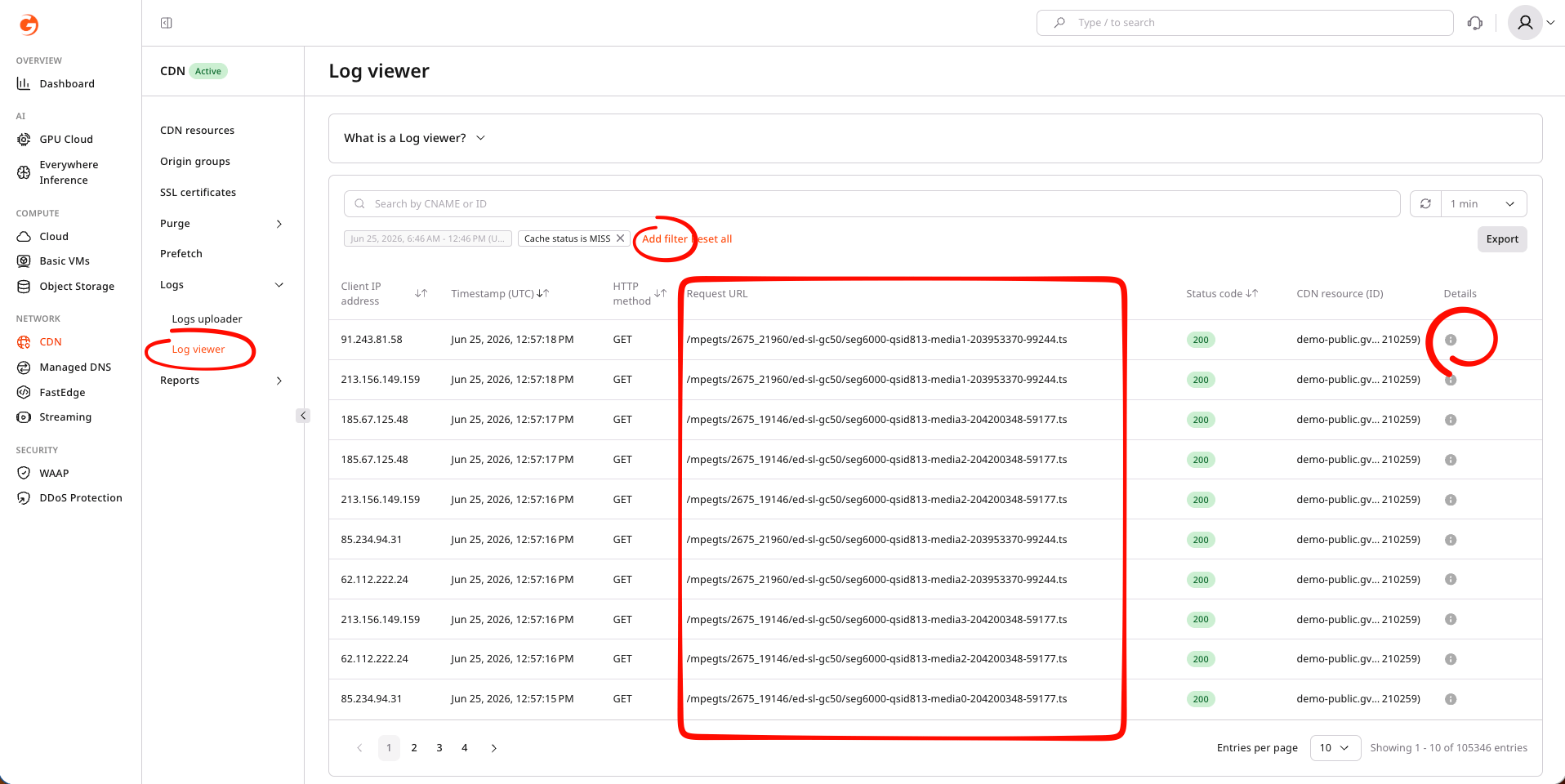 Logs page