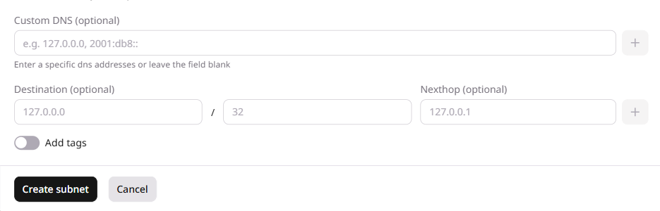 Custom DNS and host routes fields in the Create Subnetwork dialog