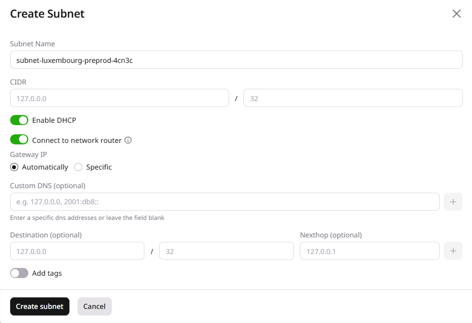 Create a subnetwork dialog
