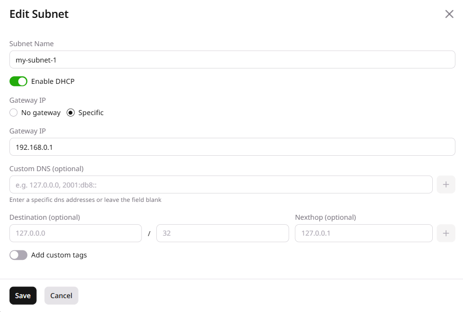 Edit subnetwork dialog