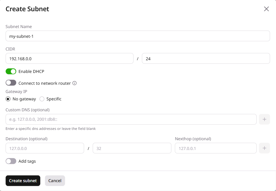 Create subnetwork dialog showing non-routable option