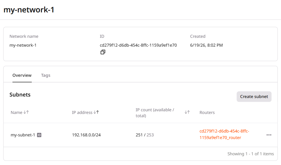 Network settings section with the highlighted Create subnet button