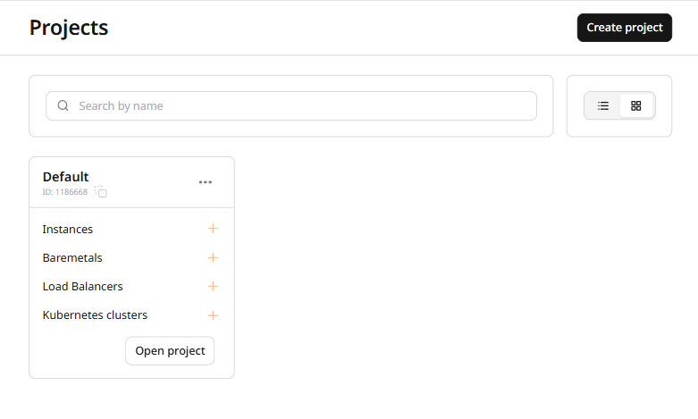 Projects page in grid view showing project tiles with resource shortcuts and the Open project button