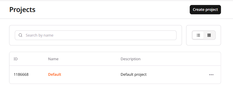 Projects page in list view showing project ID, name, and description columns