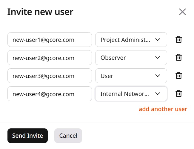 Invite new user dialog with email address and role fields