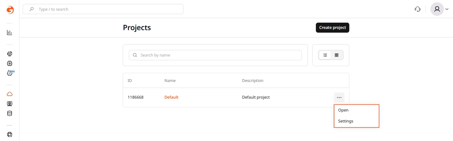 Projects list with the three-dots menu open showing Open and Settings options