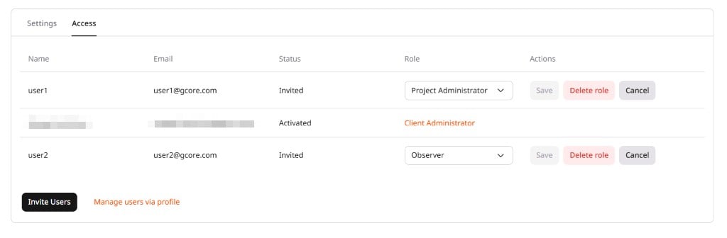 Access tab with the Delete role button highlighted