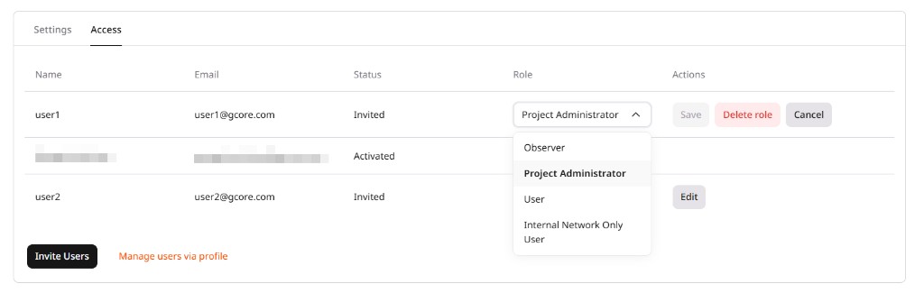 Role dropdown open showing available project roles