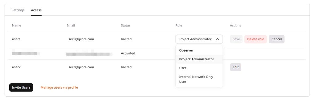 Role dropdown open showing available project roles