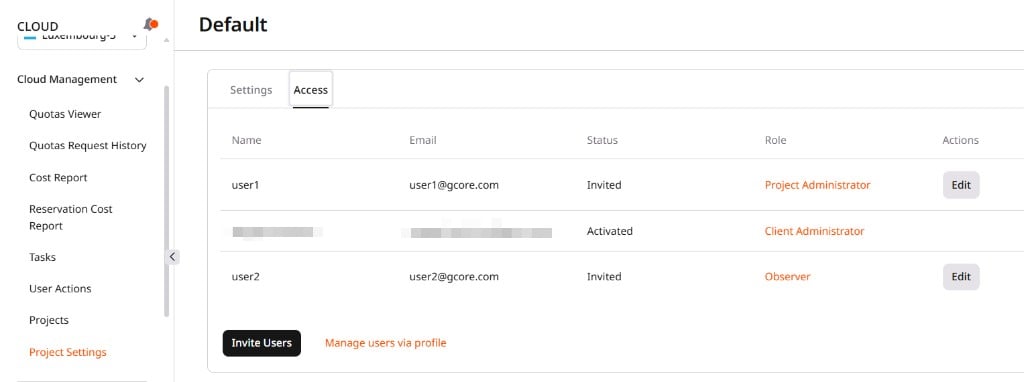 Access tab showing the Edit button next to a project user