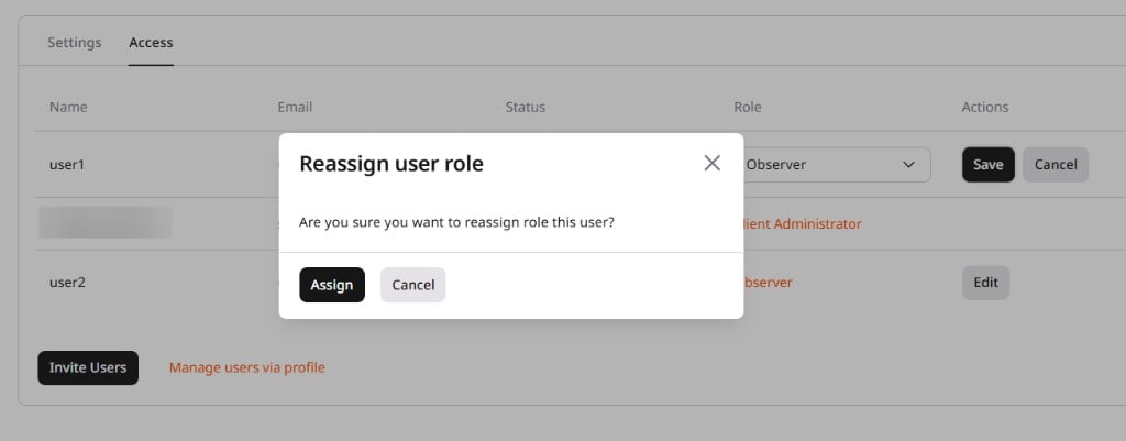 Reassign user role confirmation dialog with Assign button