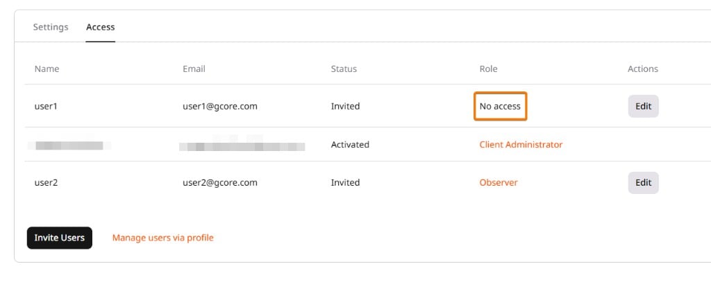 Access tab showing No access in the Role column