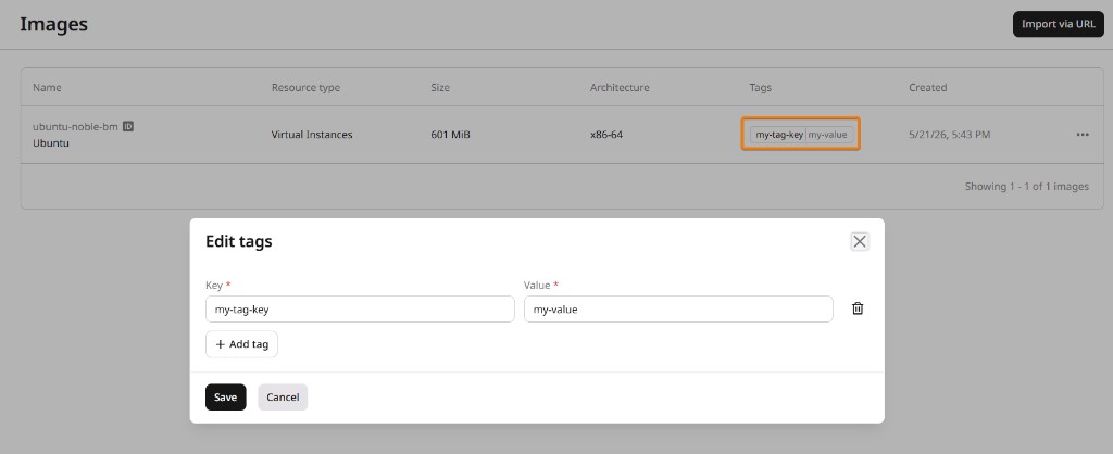 Edit tags dialog with Key and Value fields and an Add tag button