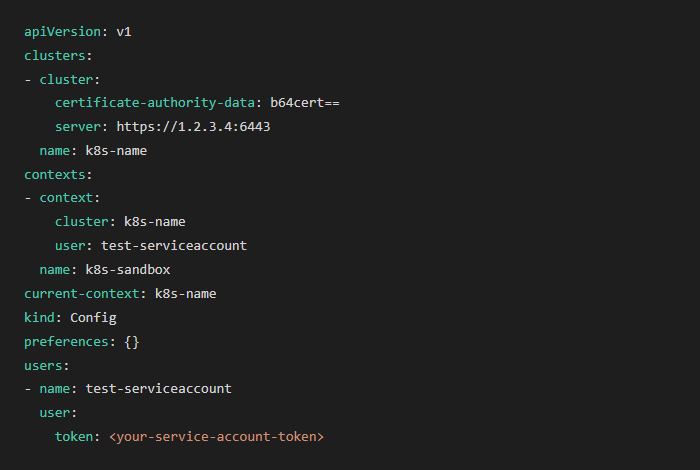 Kubeconfig showing test-serviceaccount user with token credential