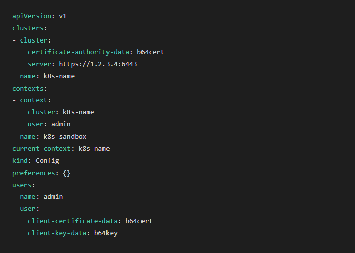 Kubeconfig showing admin user with client-certificate-data and client-key-data credentials