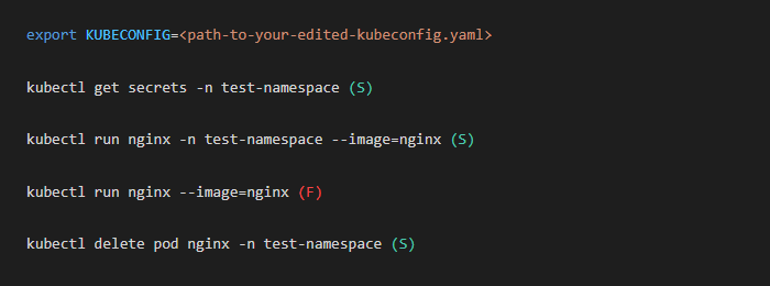 kubectl commands showing access test results: success in test-namespace and failure in default namespace
