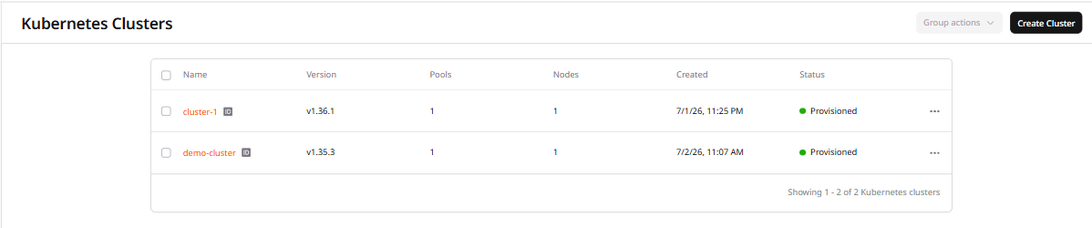Managed Kubernetes clusters list showing cluster names and status