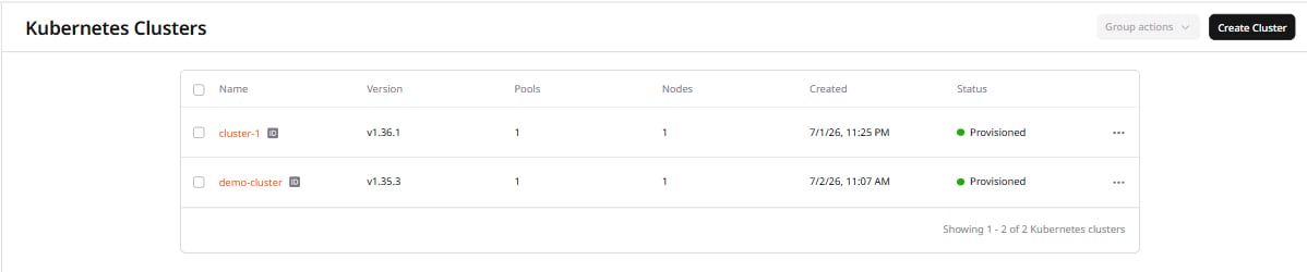 Managed Kubernetes clusters list showing cluster names and status