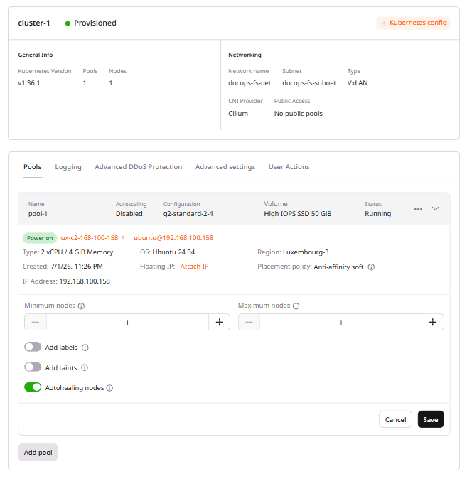 Edit Pool Settings form showing Minimum nodes and Maximum nodes fields
