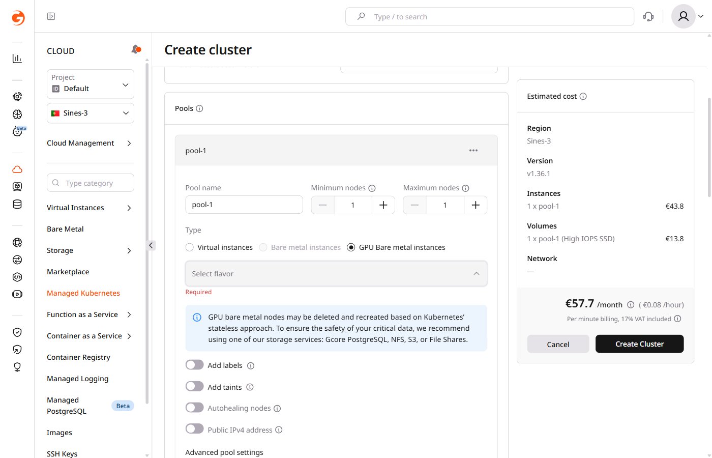 Pools configuration section on the Create Kubernetes cluster page