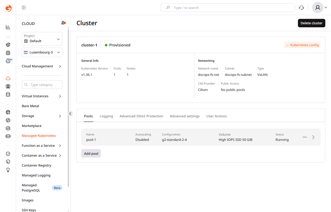 Kubernetes cluster overview page