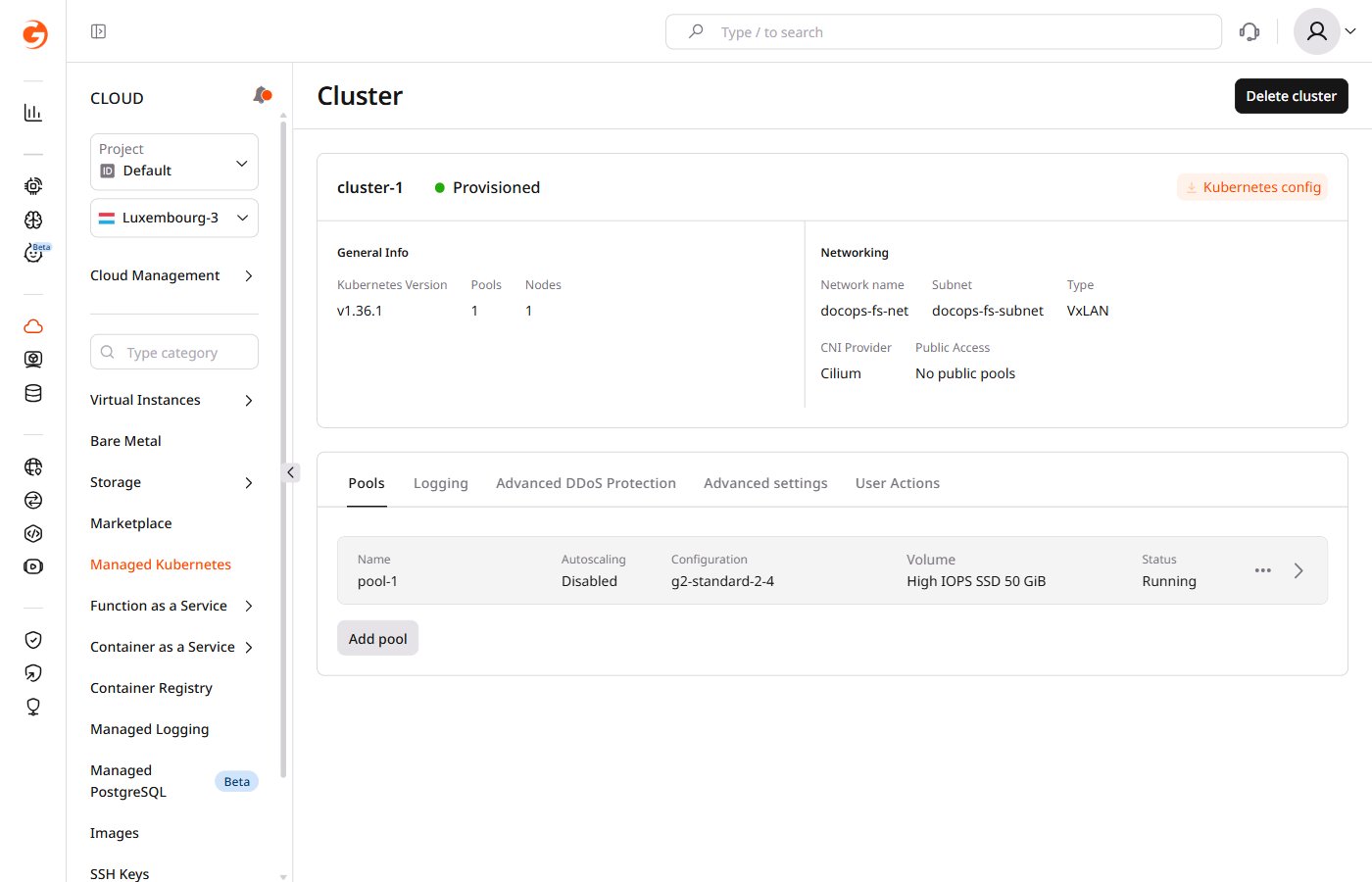 Kubernetes cluster overview page