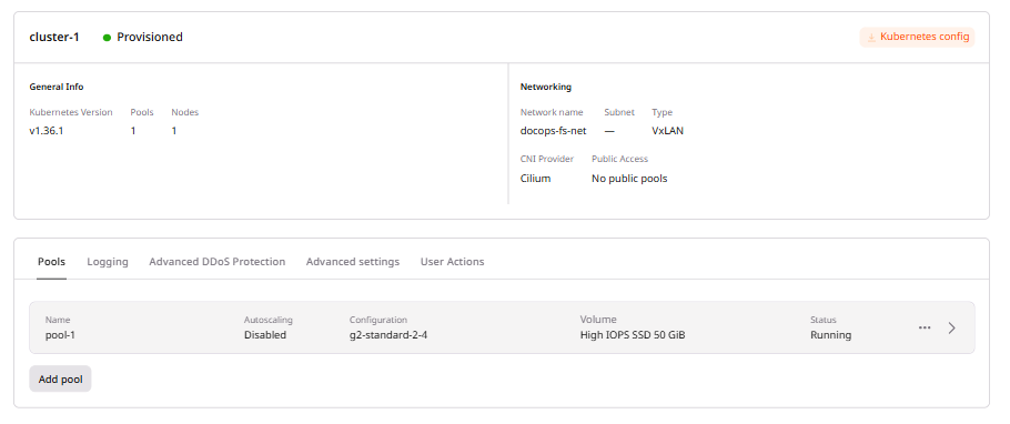 Cluster overview page with the Pools tab and Add pool button