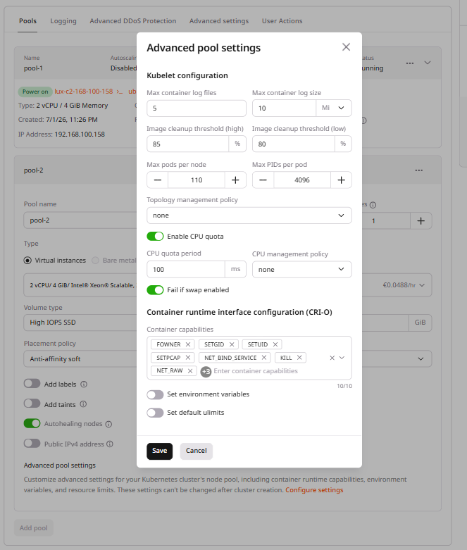 Kubelet configuration in the advanced settings for Kubernetes cluster
