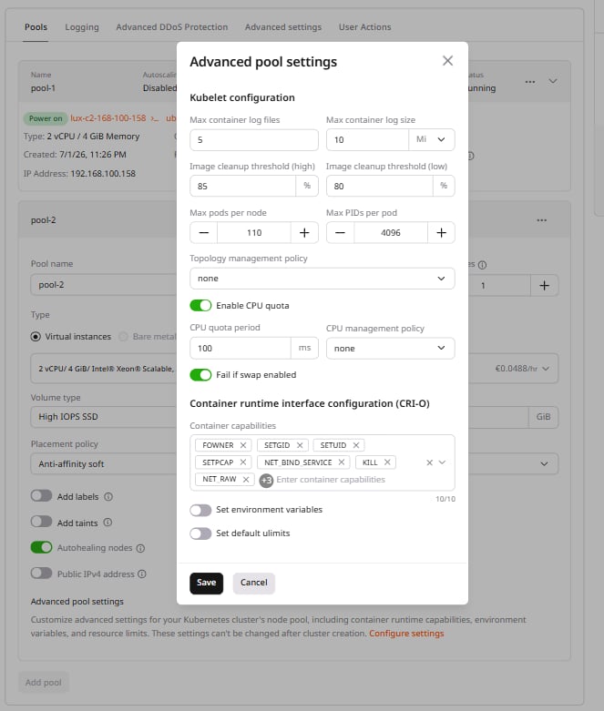Kubelet configuration in the advanced settings for Kubernetes cluster