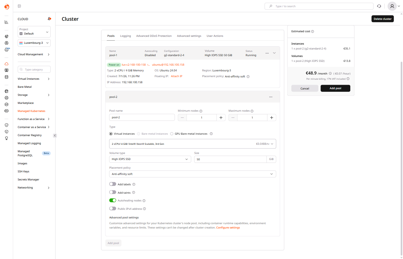 Add pool form showing pool name, autoscaling limits, node type, flavor, volume, and placement policy fields