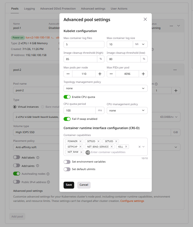 CRI-O configuration in the advanced settings for Kubernetes cluster