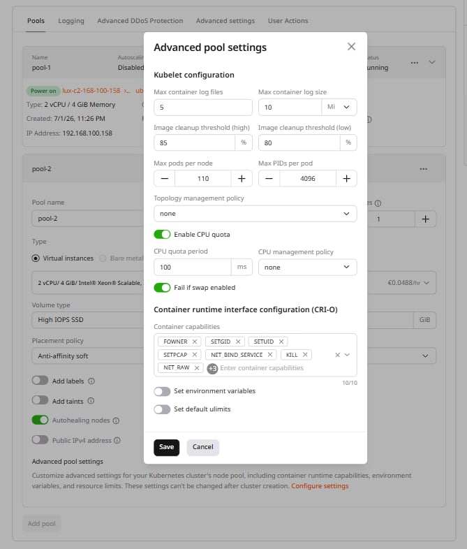 CRI-O configuration in the advanced settings for Kubernetes cluster