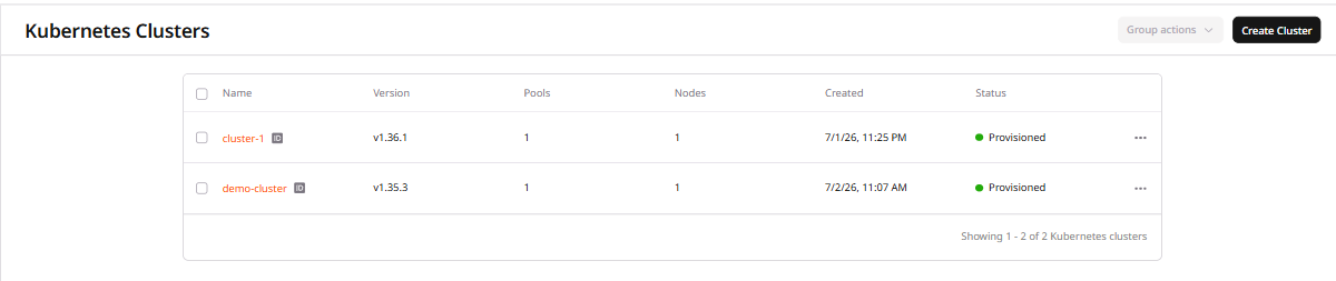 Managed Kubernetes clusters list showing cluster names, versions, and status