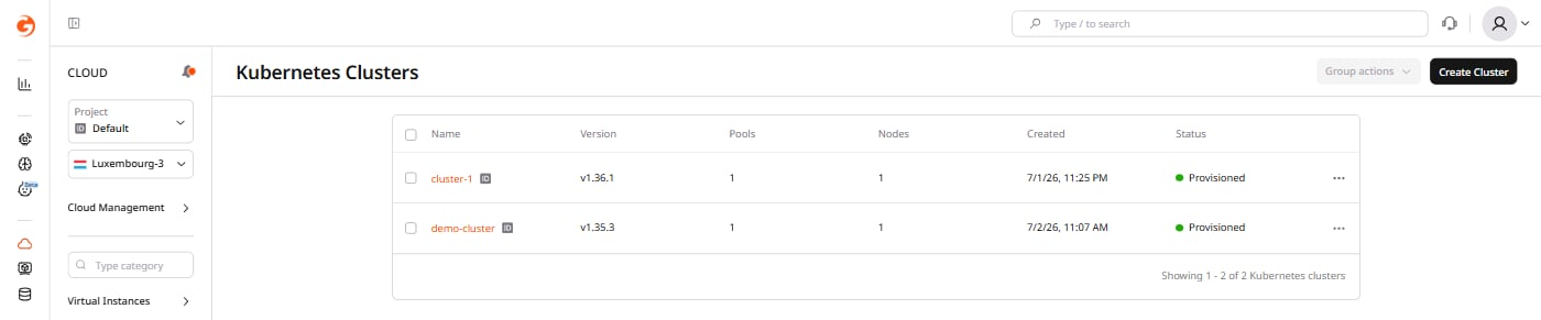 Managed Kubernetes clusters list with cluster names, Kubernetes versions, and status