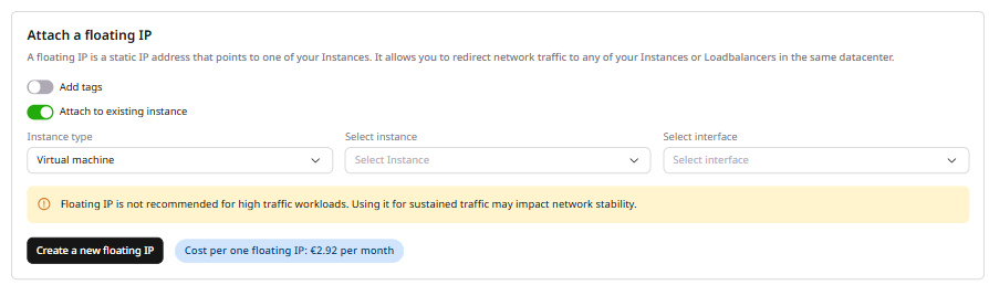 Floating IPs page with Attach to existing instance enabled, showing Instance type, Select instance, and Select interface fields