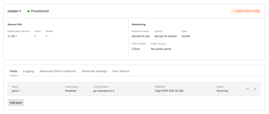 Kubernetes cluster overview page with the Kubernetes config button in the top right of the cluster card