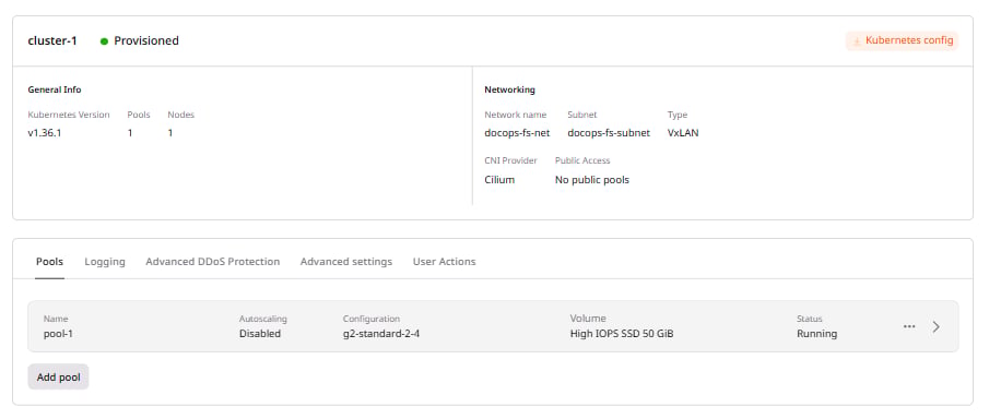 Kubernetes cluster overview page with the Kubernetes config button in the top right of the cluster card
