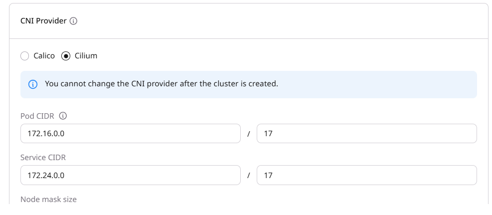 CNI Provider section with Calico and Cilium options and CIDR fields