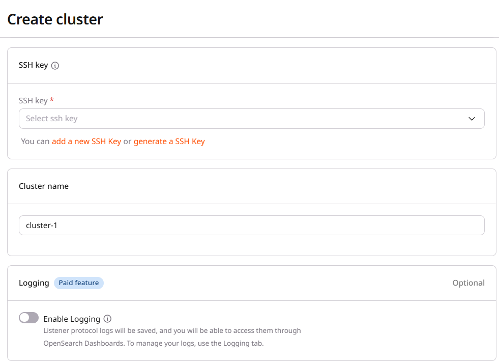 Logging section with Enable Logging checkbox and topic options