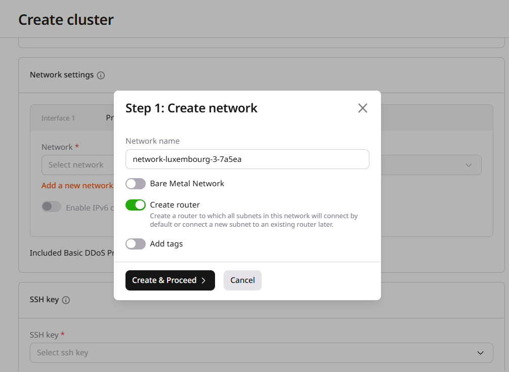 Create network dialog with network name, Bare Metal Network, and Create router options