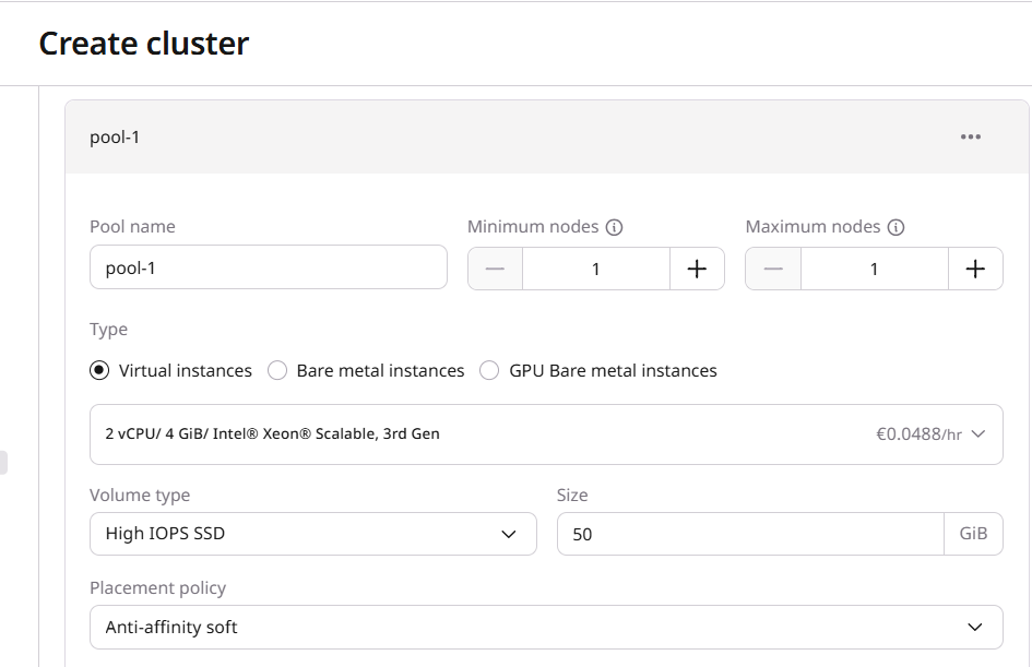 Pools section with worker node type, flavor, volume, and placement policy fields