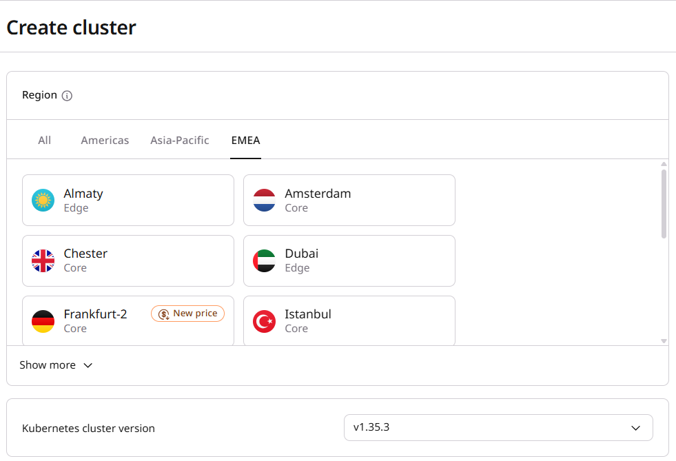 Region selector on the create cluster form