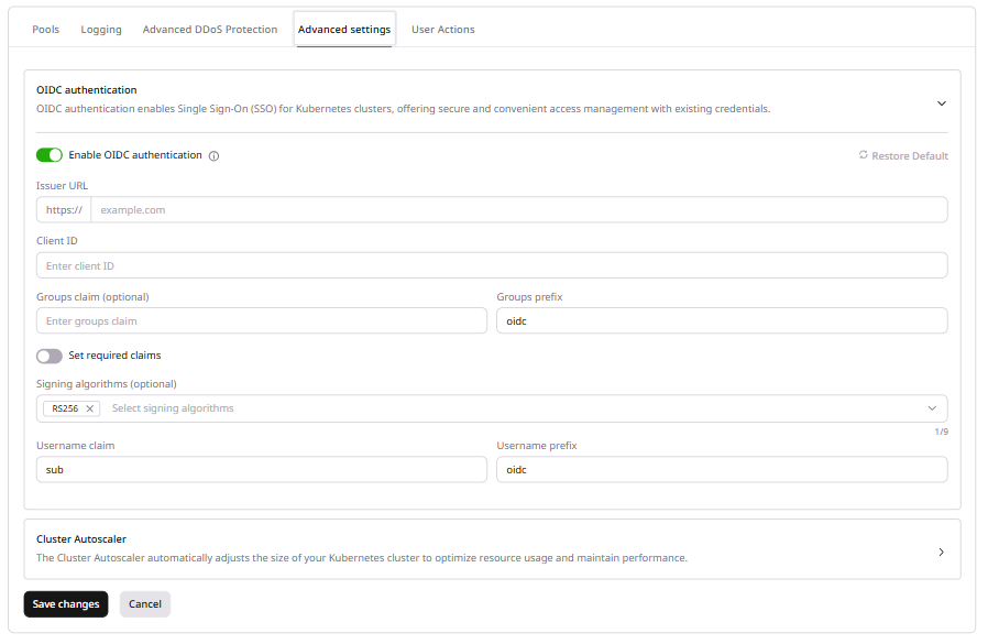 OIDC authentication settings showing groups, signing algorithms, and username fields