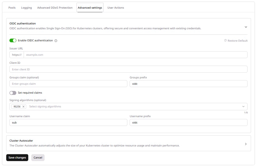 OIDC authentication settings showing groups, signing algorithms, and username fields