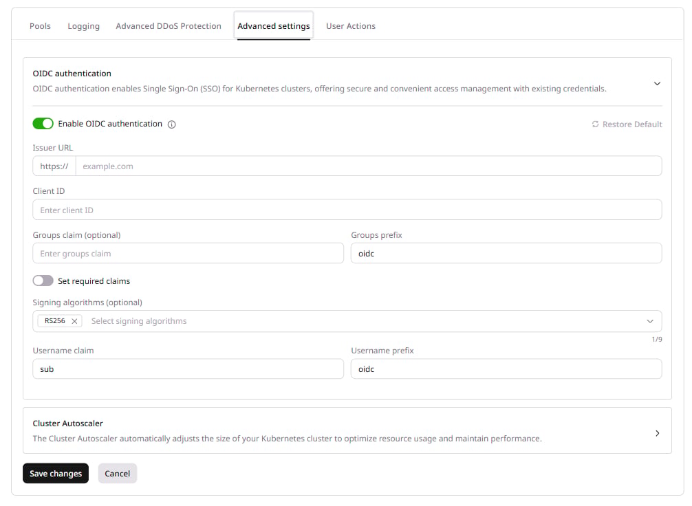 OIDC authentication settings showing the Enable toggle, Issuer URL, and Client ID fields