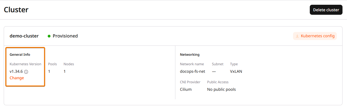 Cluster General Info section with Kubernetes version and Change link